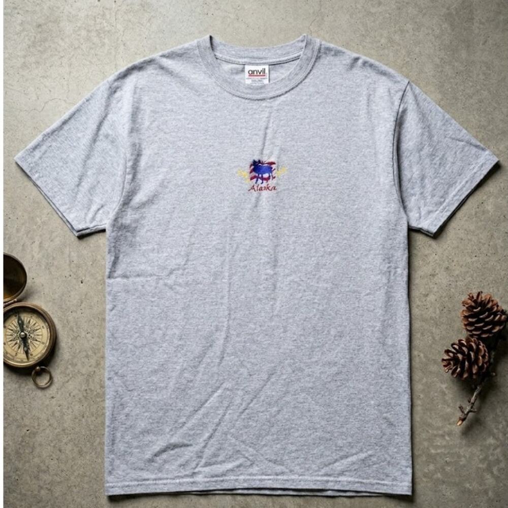 Vintage Y2K Alaska Moose Embroidered Center Logo T-Shirt Gray Anvil Mens XL